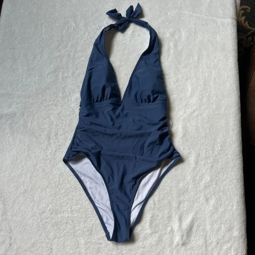 Navy blue halter neck one piece swimsuit with ruching women's medium like new